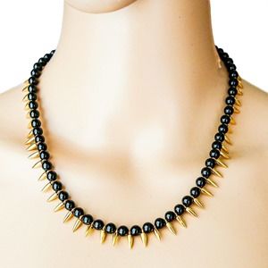 Art Deco Black Glass Onyx Like Beaded Necklace With Gold Tone Spacers